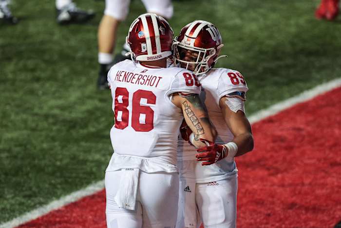 Indiana Hoosiers tight end Peyton Hendershot (86) celebrates his touchdown with tight end Matt Bjorson (89) during the second half against the Rutgers Scarlet Knights at SHI Stadium.